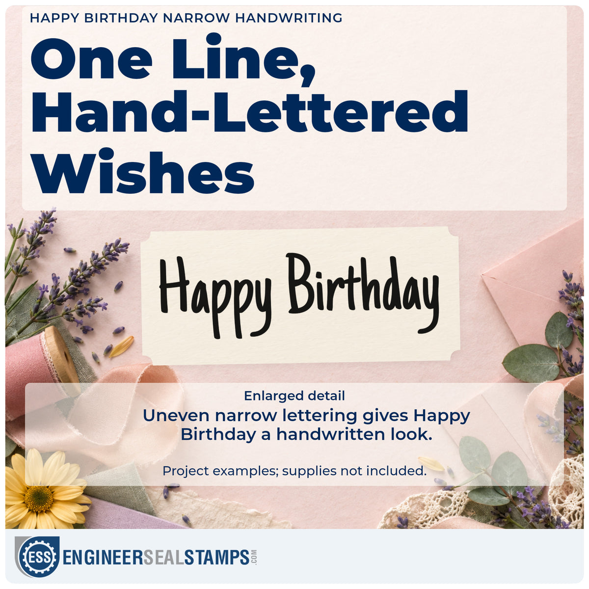 Enlarged detail of the Happy Birthday Narrow Handwriting Stamp – Self-Inking imprint. Happy Birthday appears in one line of narrow uneven hand lettering.