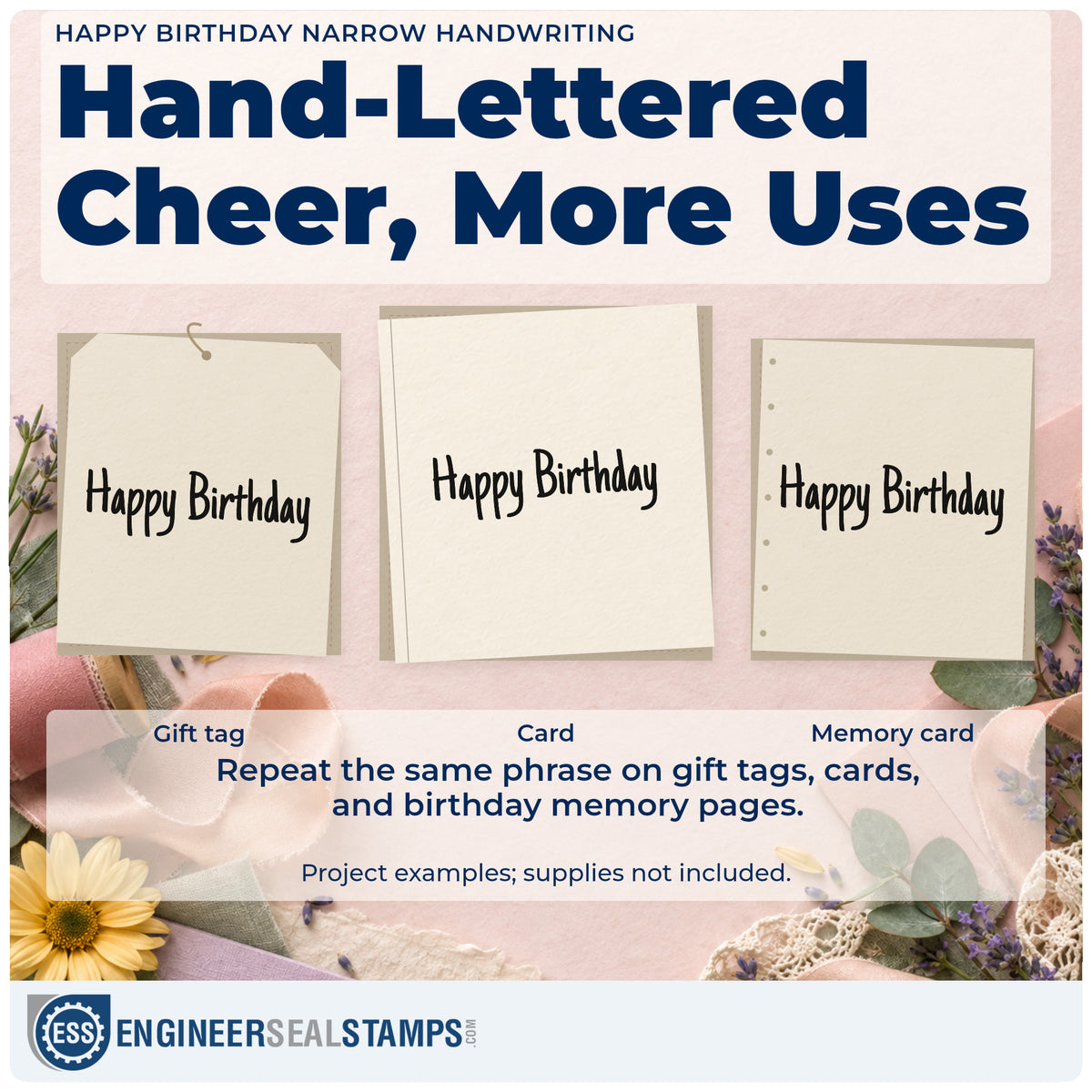 Three project examples made with the Happy Birthday Narrow Handwriting Stamp – Self-Inking, including letter plan sheet.