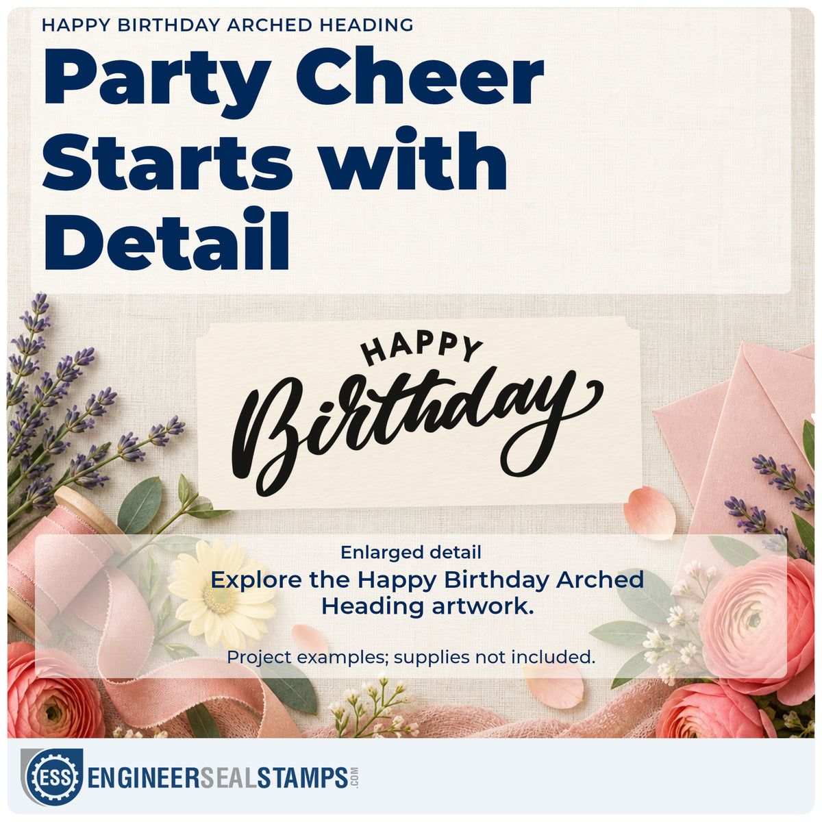 Enlarged detail of the Happy Birthday Arched Heading Hand Stamp – Duo imprint. Small arched HAPPY sits above a broad bold Birthday script.