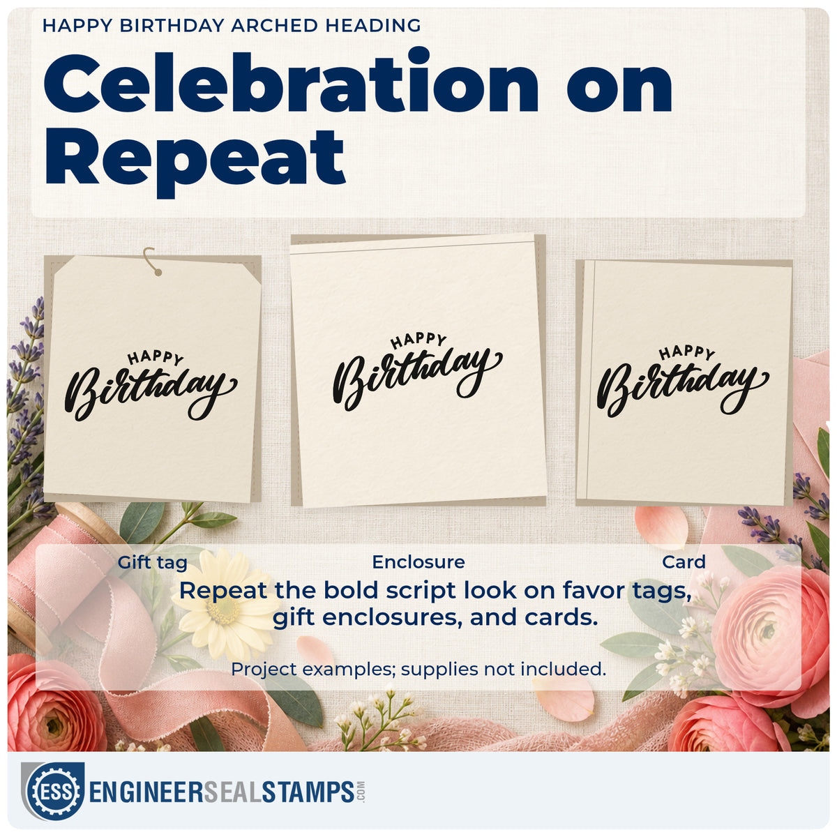 Three project examples made with the Happy Birthday Arched Heading Hand Stamp – Duo, including change plan sheet.