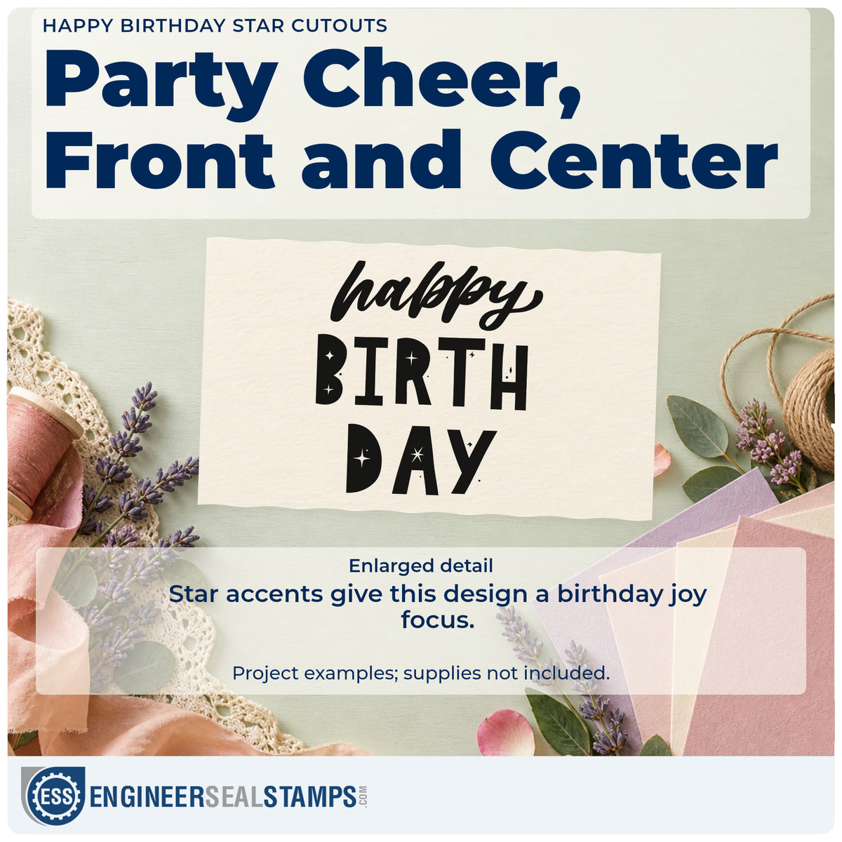 Enlarged detail of the Happy Birthday Star Cutouts Block Lettering Rubber Stamp – Duo Hand imprint. Script happy sits above large BIRTH DAY block letters with tiny star cutouts.