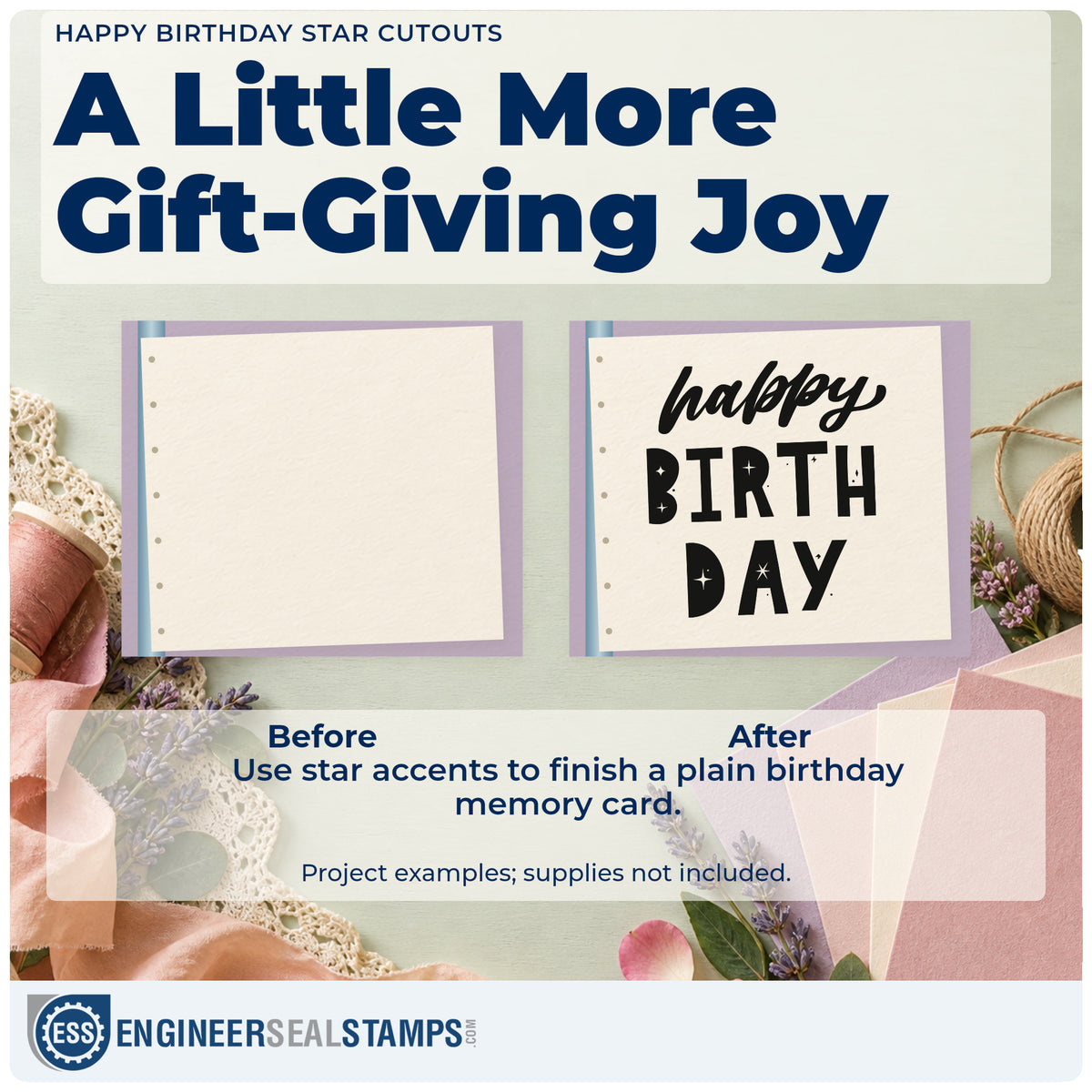 Before and after of a plain item finished with the Happy Birthday Star Cutouts Block Lettering Rubber Stamp – Duo Hand, a quick upgrade for framed garage wall.