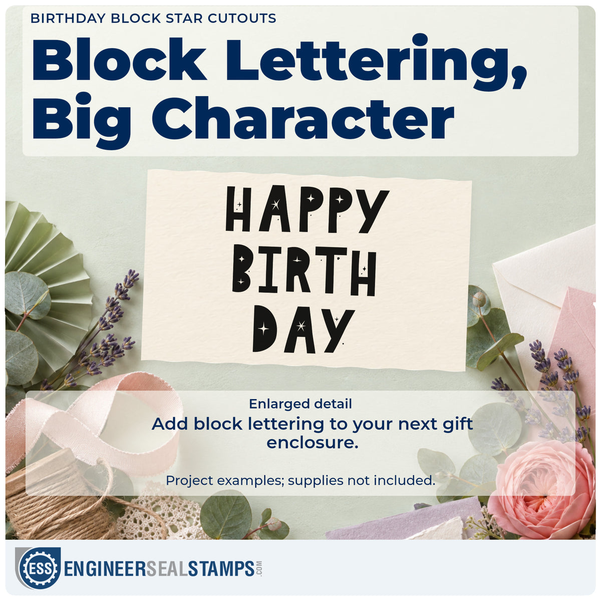Enlarged detail of the Birthday Block Star Cutouts Duo Hand Stamp imprint. HAPPY BIRTH DAY appears in three lines of large block capitals with tiny star cutouts.