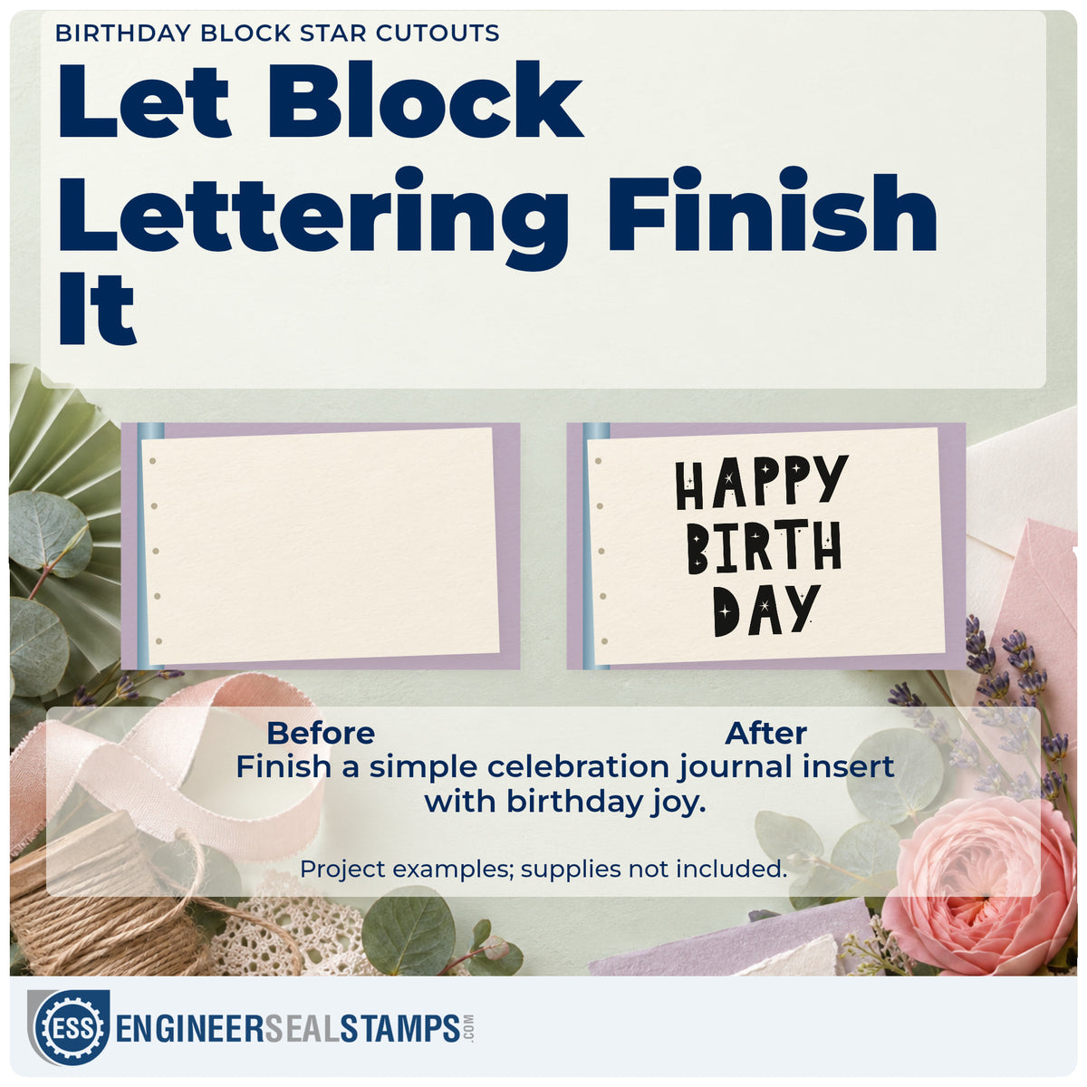 Before and after of a plain item finished with the Birthday Block Star Cutouts Premium Wooden Stamp – Vintage Pro, a quick upgrade for framed party room.