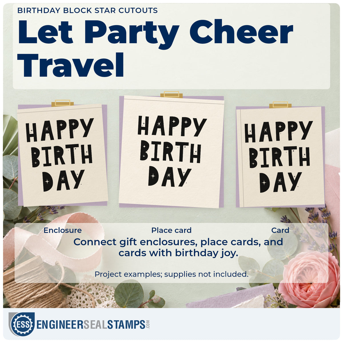 Three project examples made with the Birthday Block Star Cutouts Duo Hand Stamp, including session slot sheet.
