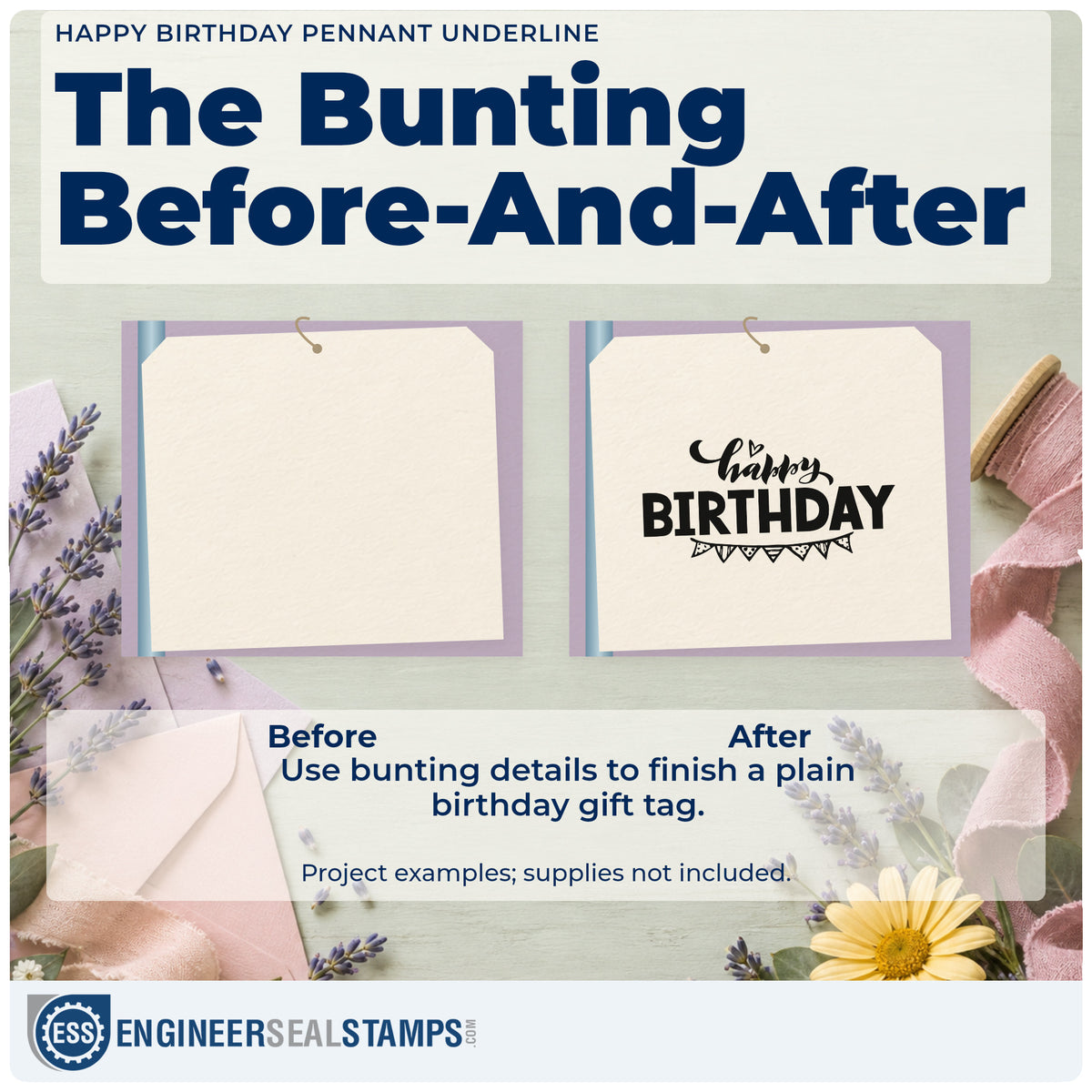 Before and after of a plain item finished with the Slim Pre-Inked Happy Birthday Pennant Underline Bunting Stamp, a quick upgrade for framed front porch.