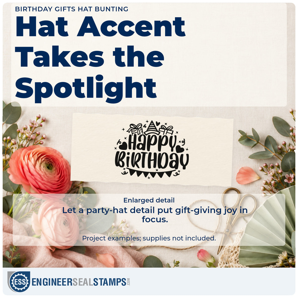 Enlarged detail of the Birthday Gifts Hat Bunting Hand Stamp – Duo imprint. Happy BIRTHDAY appears with wrapped gifts, a party hat, hearts, confetti, and dark bunting.