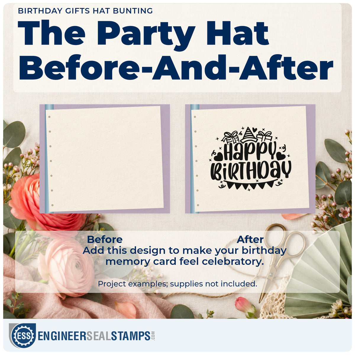 Before and after of a plain item finished with the Birthday Gifts Hat Bunting Hand Stamp – Duo, a quick upgrade for framed front desk.