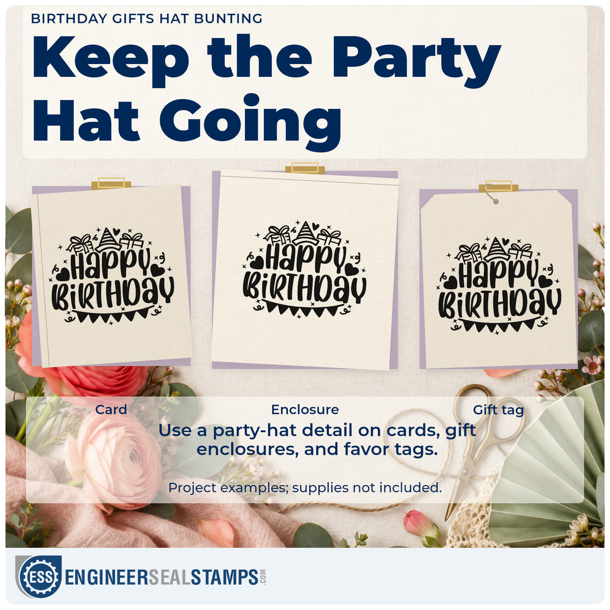 Three project examples made with the Birthday Gifts Hat Bunting Hand Stamp – Duo, including loan record sheet.