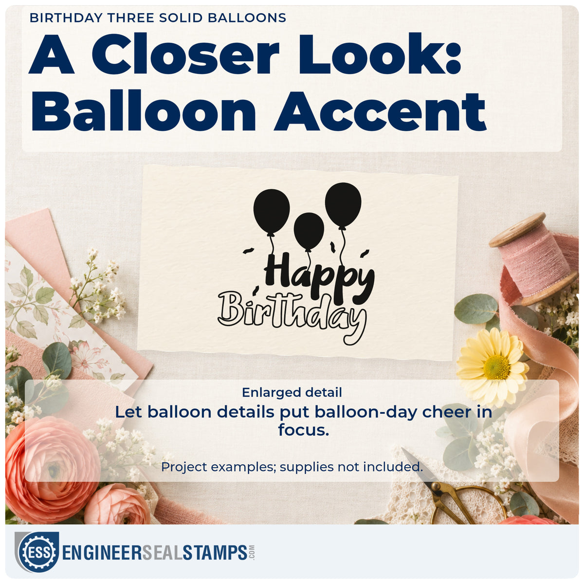 Enlarged detail of the Birthday Three Solid Balloons Outline Detail Stamp – Premium Vintage Pro Wooden imprint. Three dark balloons float above Happy Birthday in solid and outlined hand lettering.