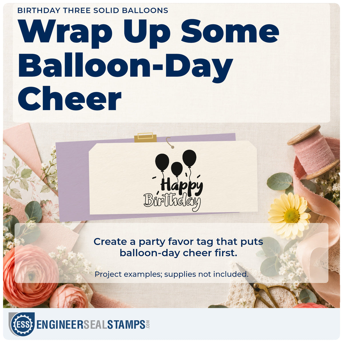 A finished handmade project stamped with the Birthday Three Solid Balloons Outline Detail Stamp – Duo Hand, ideal for triplet album page.