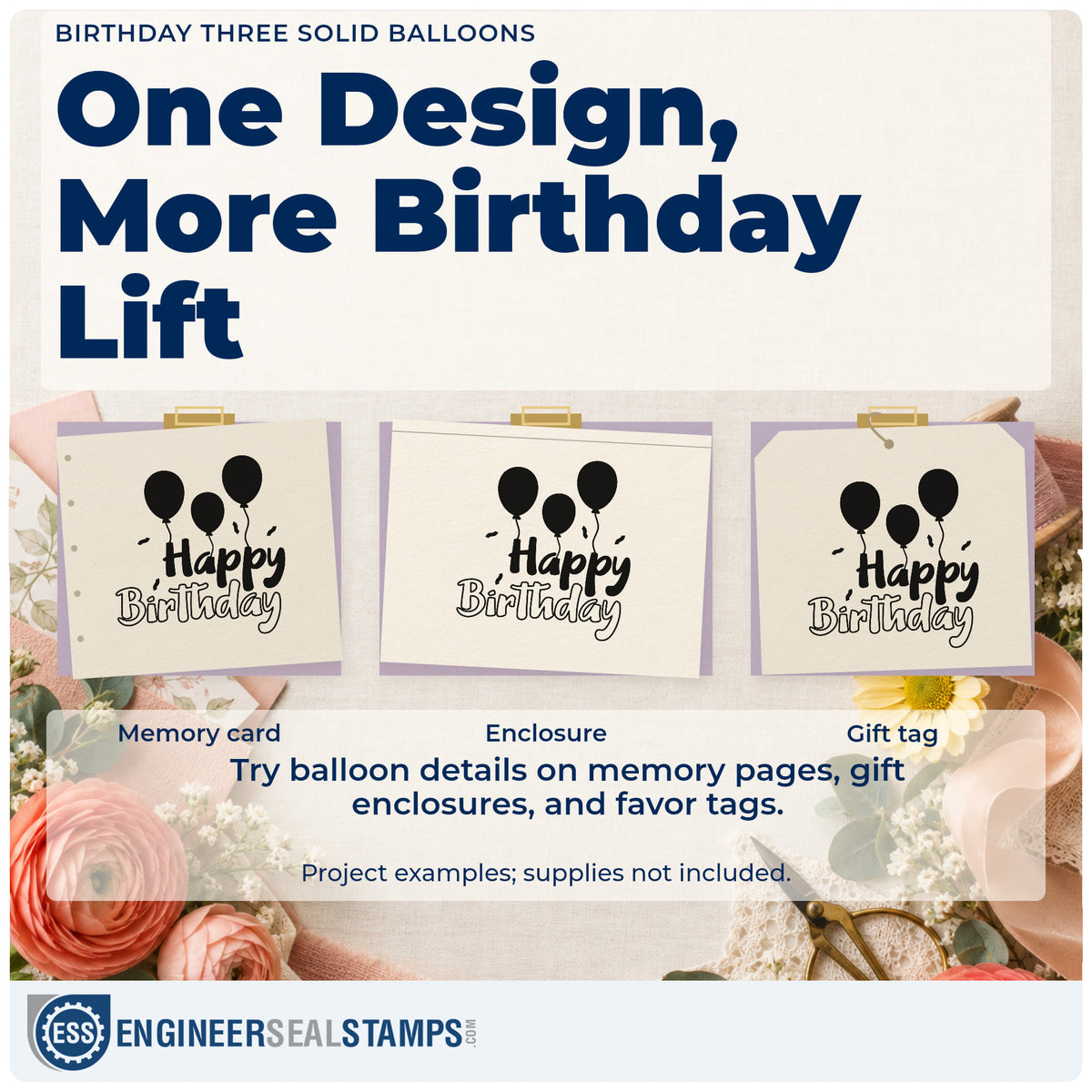 Three project examples made with the Birthday Three Solid Balloons Outline Detail Stamp – Duo Hand, including party run sheet.