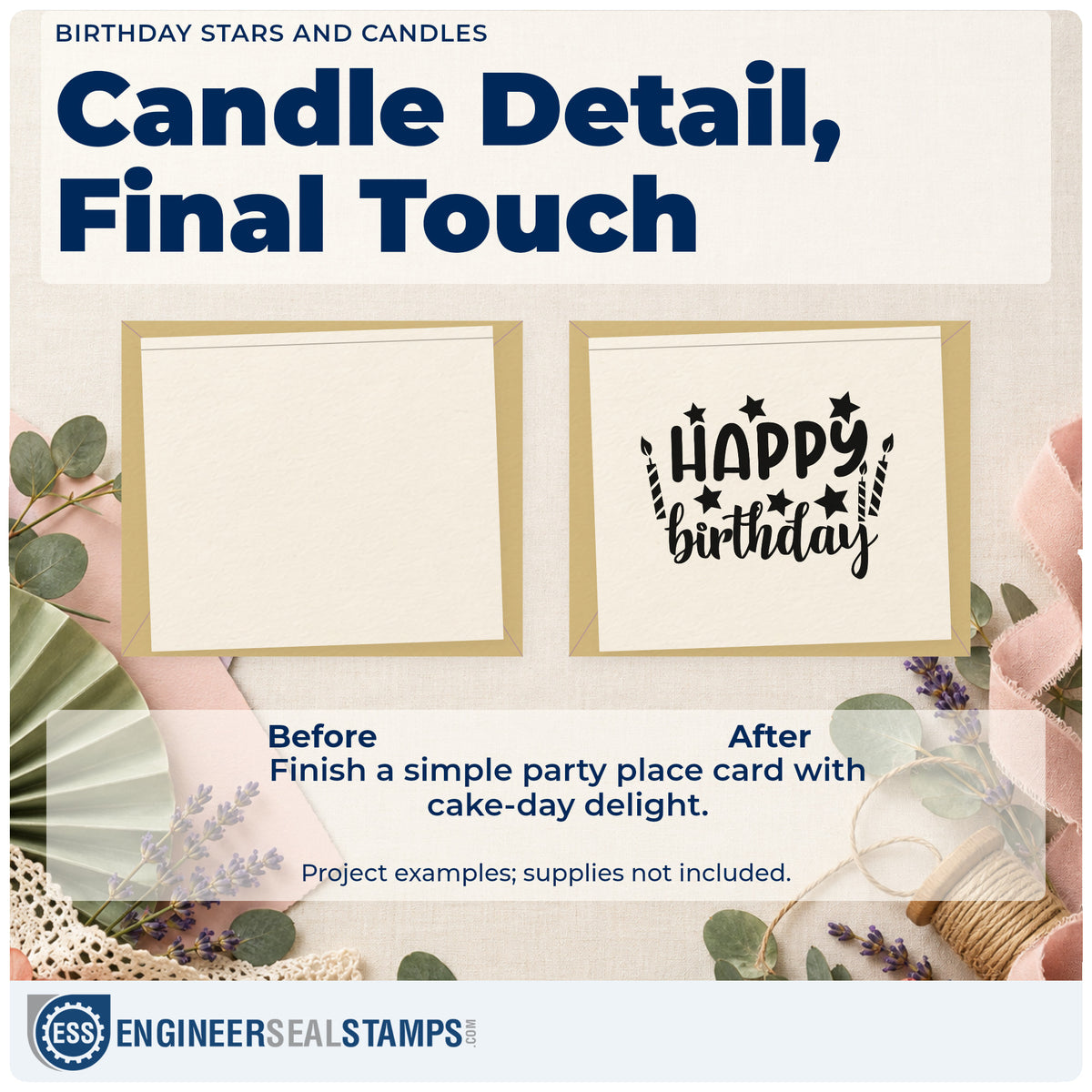 Before and after of a plain item finished with the Birthday Stars And Candles Self-Inking Stamp, a quick upgrade for framed cure rack.