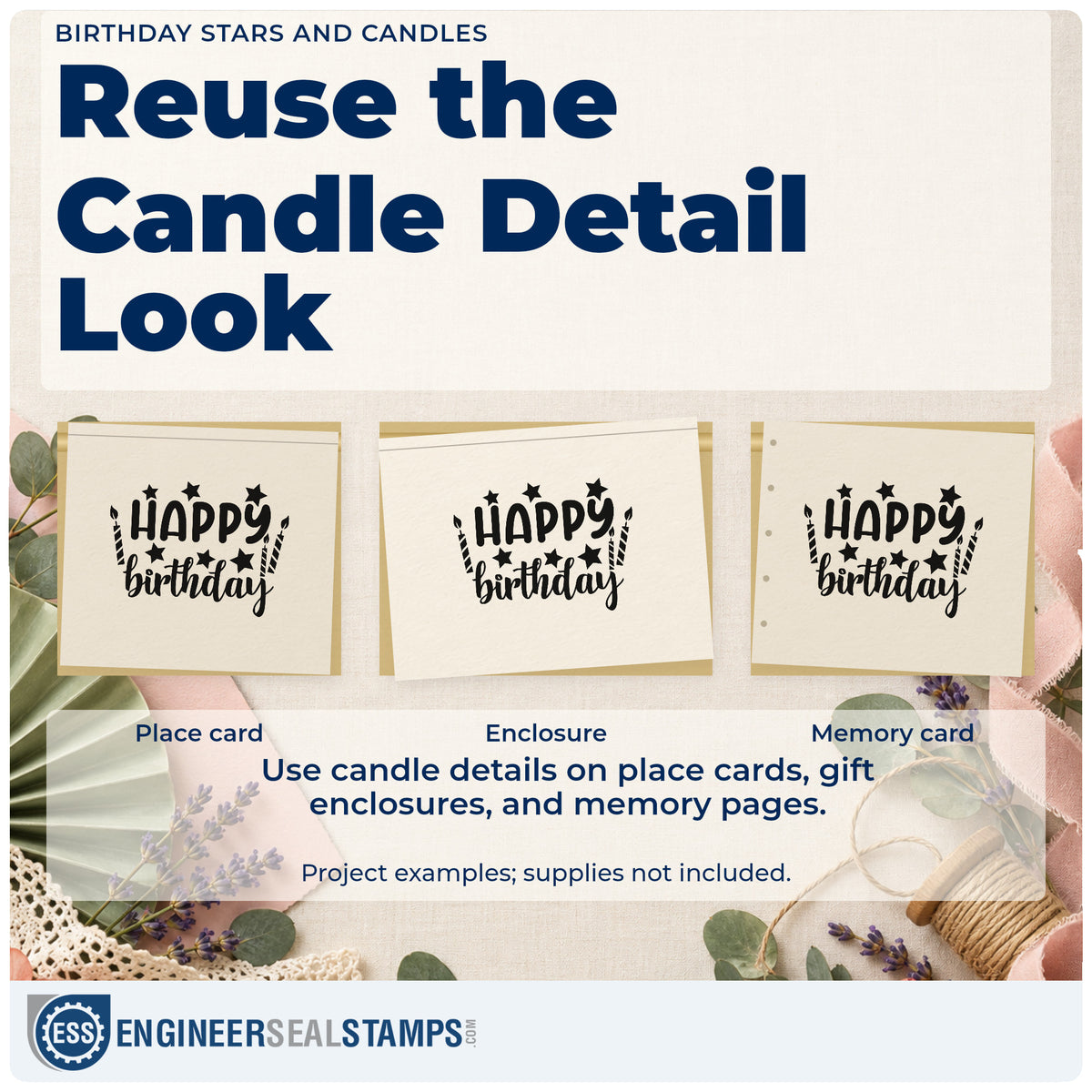 Three project examples made with the Duo Hand Birthday Stars And Candles Rubber Stamp, including pour record sheet.