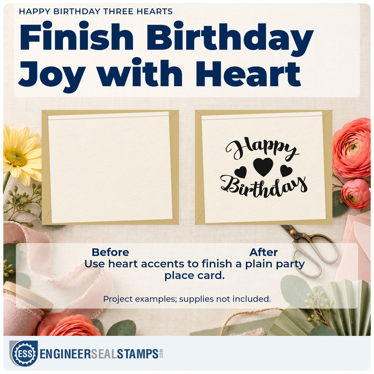 Before and after of a plain item finished with the Three Hearts Birthday Greeting Stamp – Self-Inking, a quick upgrade for framed hall gallery.