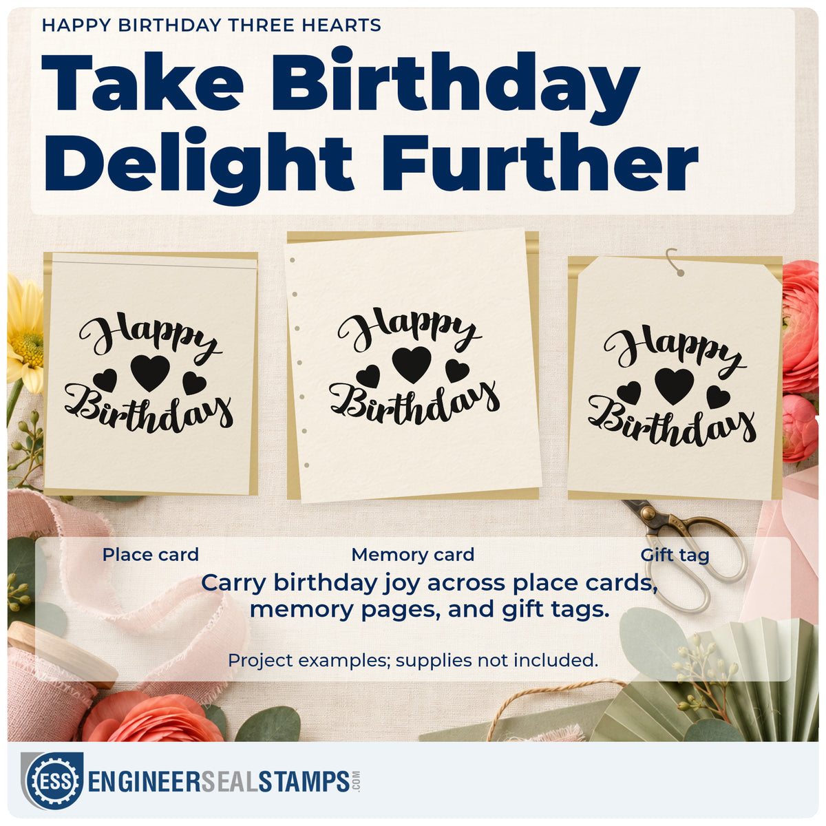 Three project examples made with the Three Hearts Birthday Greeting Stamp – Self-Inking, including session plan sheet.