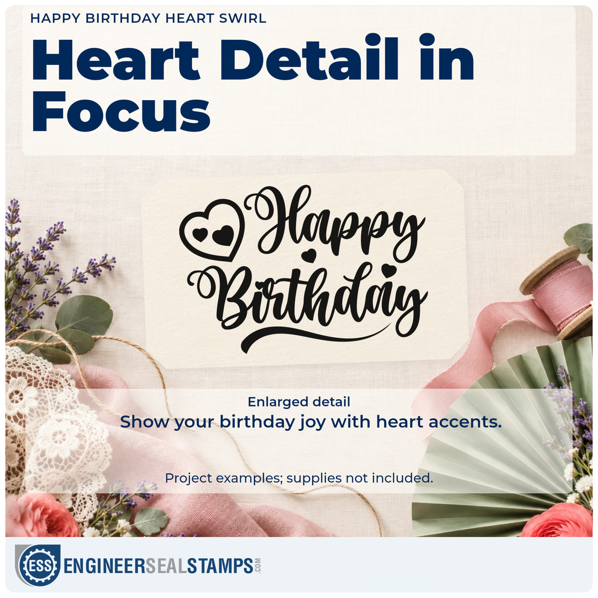 Enlarged detail of the Curled Heart With Happy Birthday Lettering Wood Handle Stamp imprint. Happy Birthday appears in decorative script beside an outlined curled heart containing two small hearts, with additional solid hearts around the lettering.