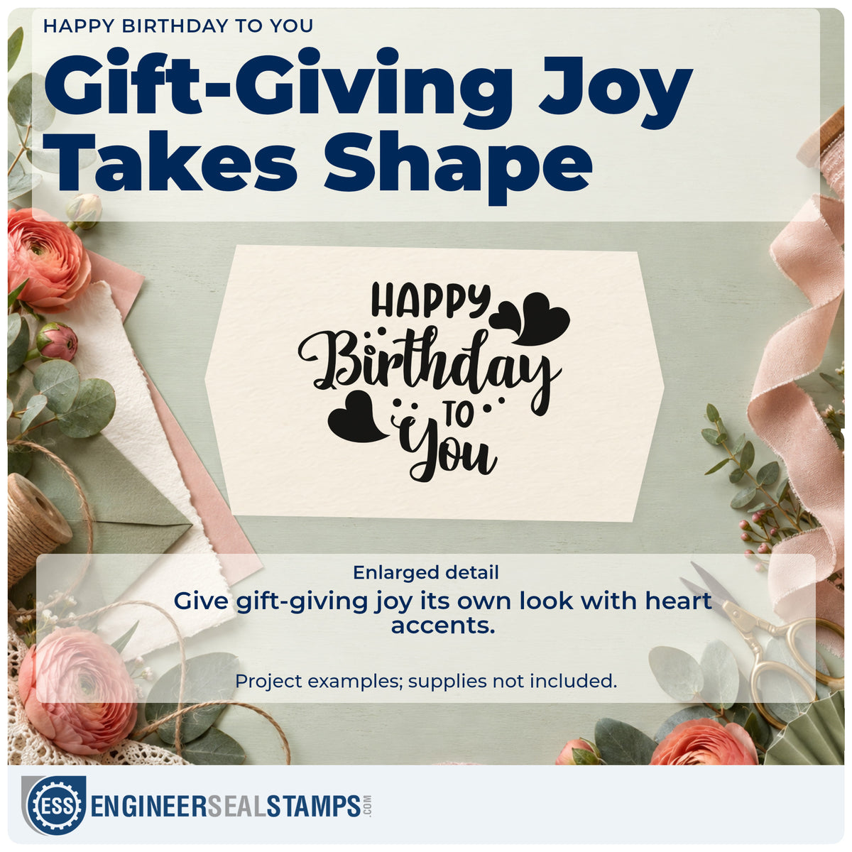 Enlarged detail of the Heart-Dotted Birthday Wishes To You Compact Pre-Inked Stamp – Slim imprint. HAPPY Birthday TO You appears with two groups of solid hearts and small dots.
