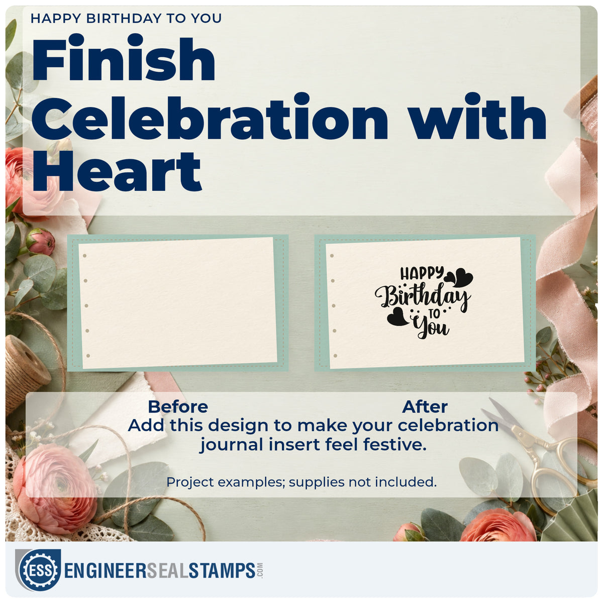 Before and after of a plain item finished with the Heart-Dotted Birthday Wishes To You Stamp – Wood Handle, a quick upgrade for framed shared room.