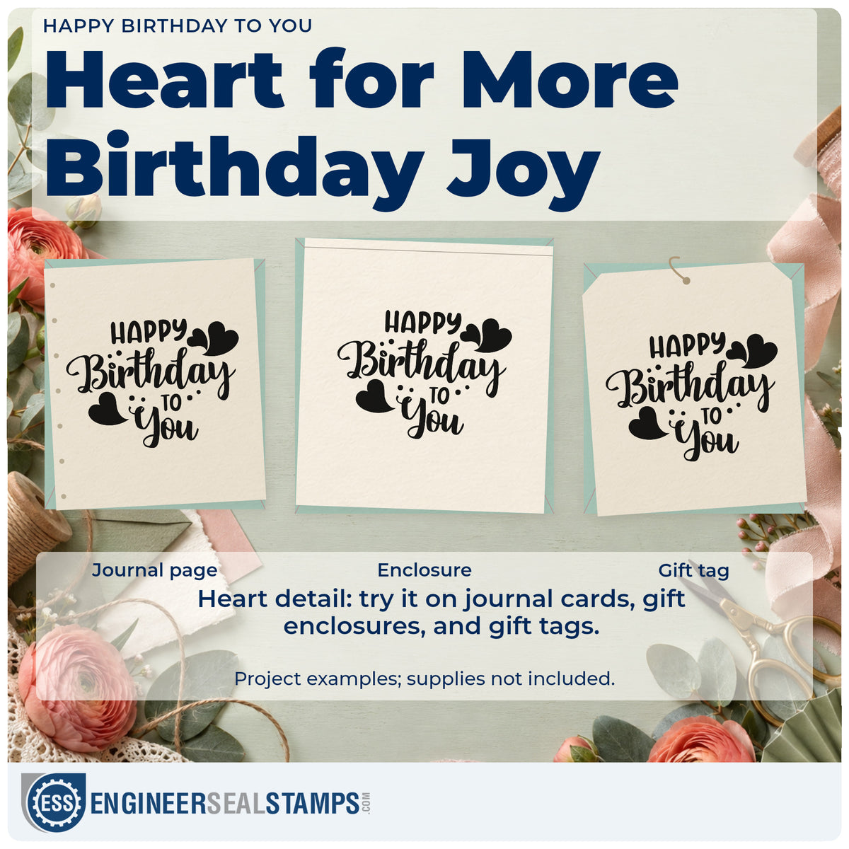 Three project examples made with the Heart-Dotted Birthday Wishes To You Rubber Stamp – Duo Hand, including day split sheet.