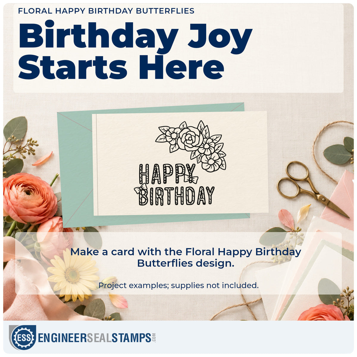 A finished handmade project stamped with the Floral Happy Birthday Butterflies Rubber Stamp – Duo Hand, ideal for garden day album page.