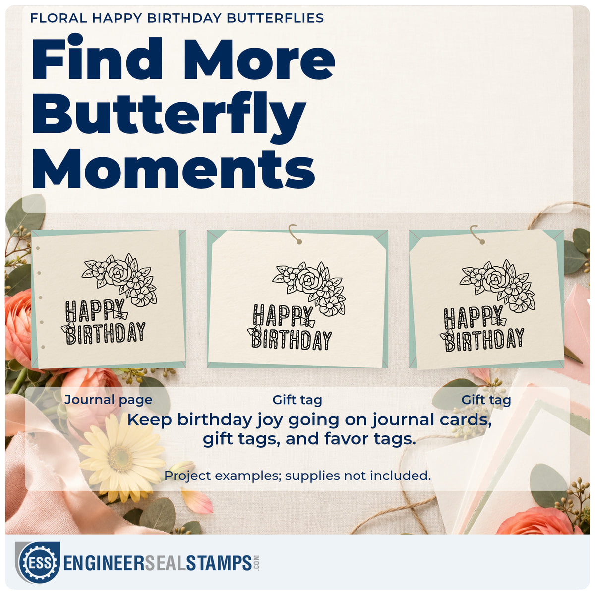 Three project examples made with the Floral Happy Birthday Butterflies Pre-Inked Stamp – PSI, including visit plan sheet.