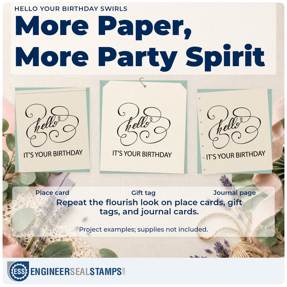 Three project examples made with the Hello Your Birthday Swirls Lettering Flourish Pre-Inked Stamp – PSI, including dedication log sheet.
