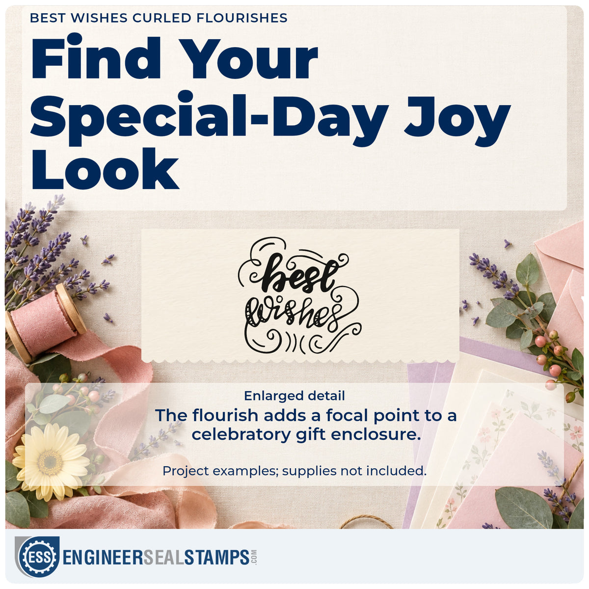 Enlarged detail of the Best Wishes Curled Flourishes Script Lettering Slim Pre-Inked Stamp imprint. best wishes appears in bold flowing script surrounded by decorative curls.