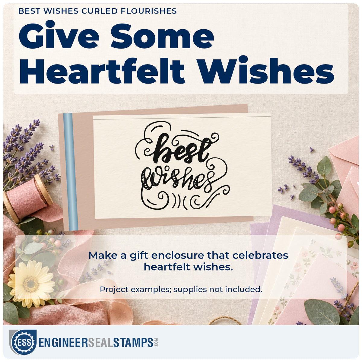 A finished handmade project stamped with the Best Wishes Curled Flourishes Script Lettering Stamp – PSI Pre-Inked, ideal for send off album page.