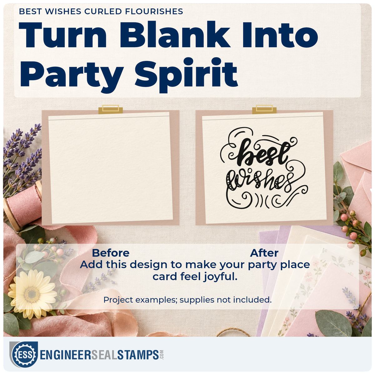 Before and after of a plain item finished with the Best Wishes Curled Flourishes Script Lettering Self-Inking Stamp, a quick upgrade for framed break room.