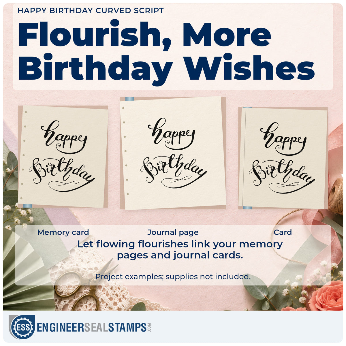 Three project examples made with the Happy Birthday Curved Script Rubber Stamp – Wood Handle, including signing plan sheet.