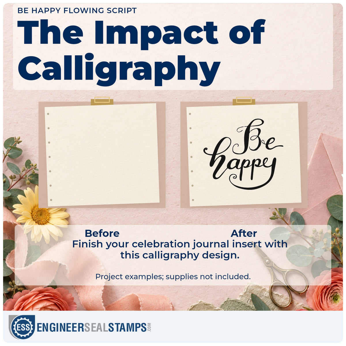 Before and after of a plain item finished with the Be Happy Flowing Script Lettering Slim Pre-Inked Stamp, a quick upgrade for framed bath shelf.