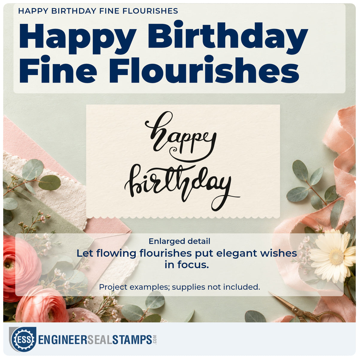 Enlarged detail of the Happy Birthday Fine Flourishes Craft Stamp – Self-Inking imprint. happy birthday appears in two lines of flowing script with delicate looping flourishes.