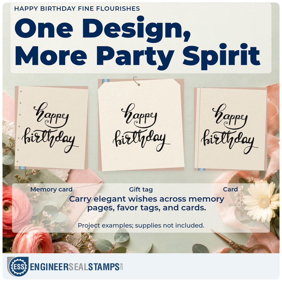 Three project examples made with the Happy Birthday Fine Flourishes Rubber Stamp – Wood Handle, including range plan sheet.