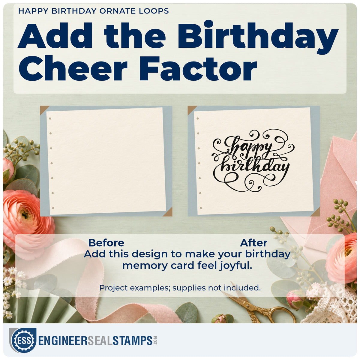 Before and after of a plain item finished with the Happy Birthday Ornate Loops Stamp – Self-Inking, a quick upgrade for framed hall gallery.