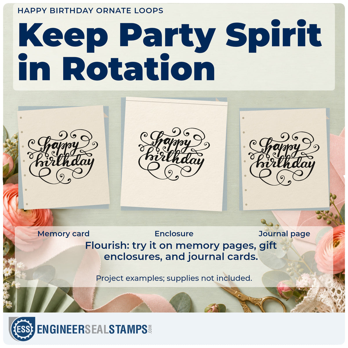Three project examples made with the Vintage Pro Happy Birthday Ornate Loops Premium Wooden Stamp, including life timeline sheet.