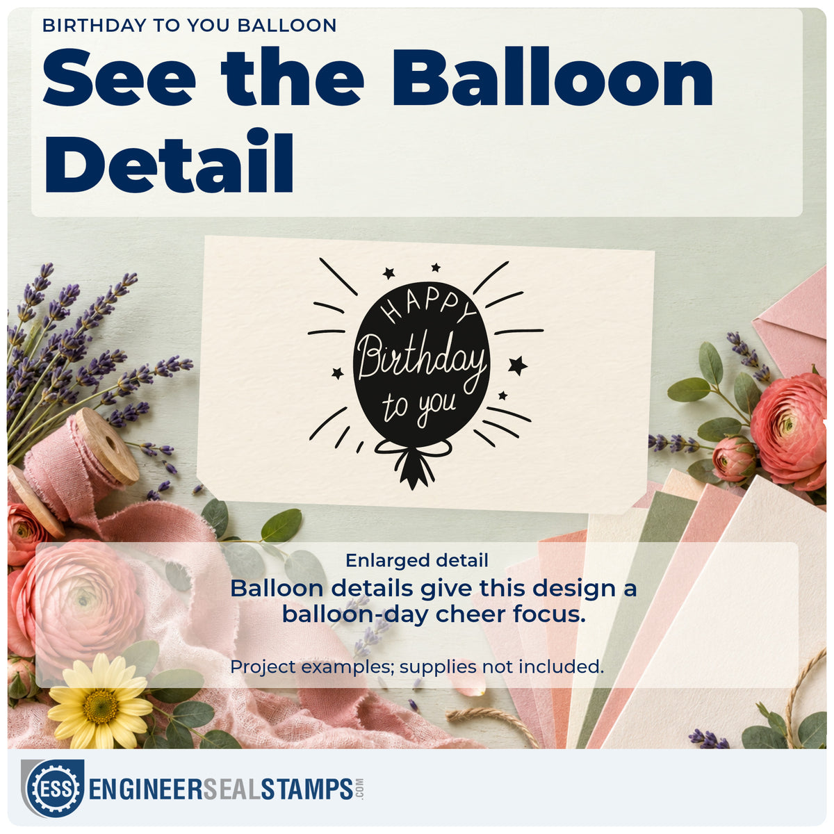 Enlarged detail of the Birthday To You Balloon Rubber Stamp – Duo Hand imprint. A dark oval balloon reads HAPPY Birthday to you and is surrounded by rays and stars.