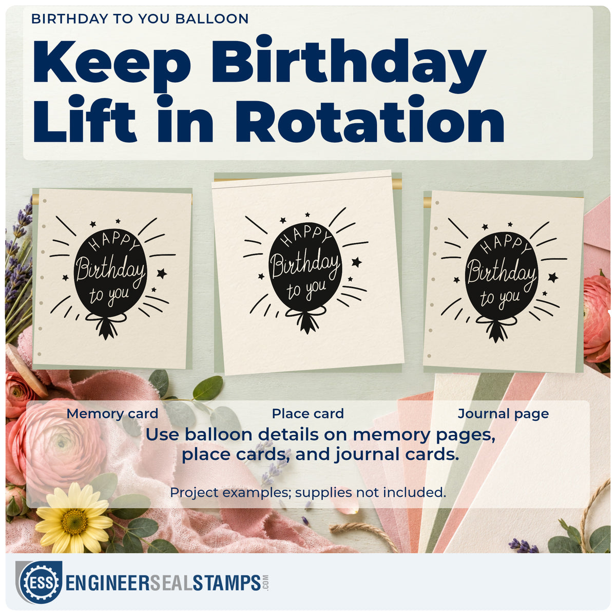 Three project examples made with the Wood Handle Birthday To You Balloon Rubber Stamp, including order book sheet.
