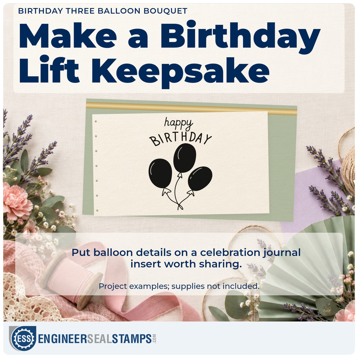 A finished handmade project stamped with the Three Balloons Birthday Greeting PSI Pre-Inked Stamp, ideal for shop year album page.