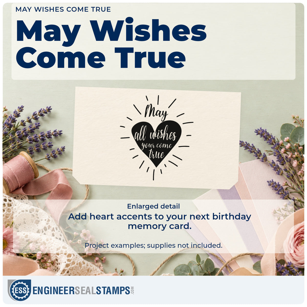 Enlarged detail of the Dark Heart With Wishes Lettering Rubber Stamp – Wood Handle imprint. May appears above a dark heart containing all wishes you come true, surrounded by radiating lines.