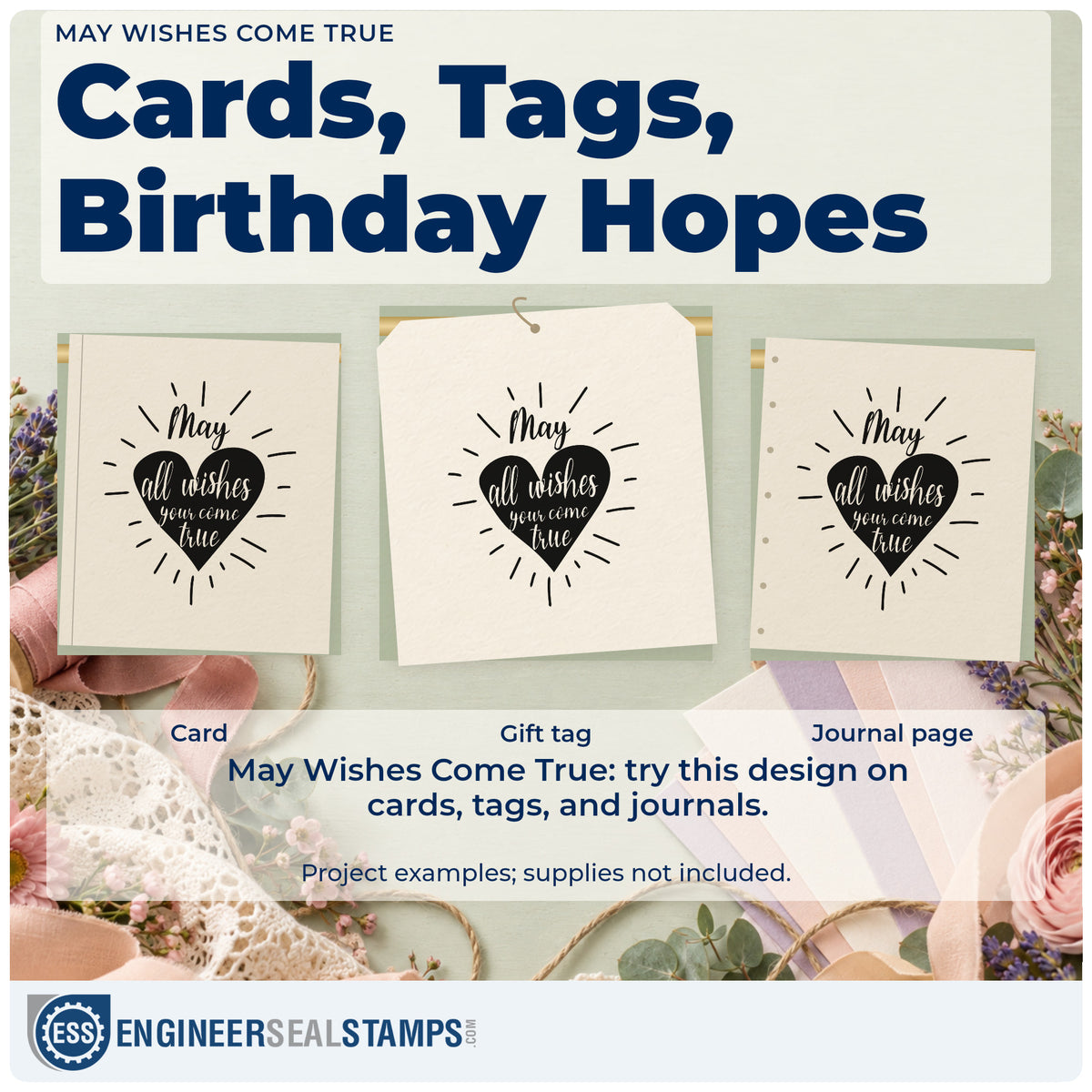 Three project examples made with the Dark Heart With Wishes Lettering Rubber Stamp – Wood Handle, including member date sheet.