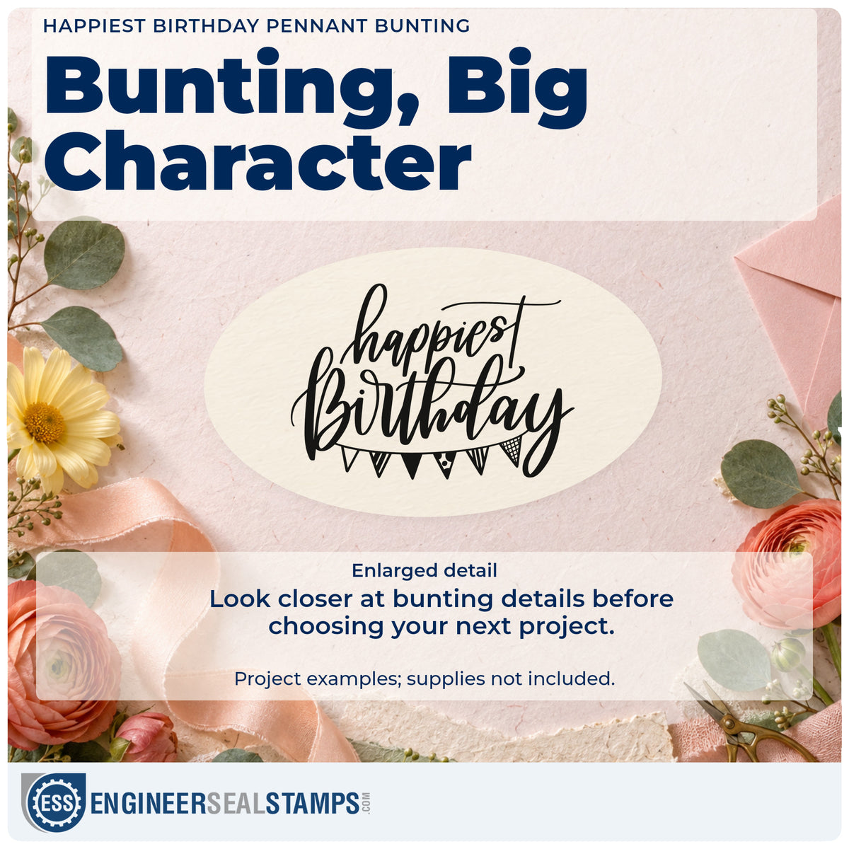 Enlarged detail of the Happiest Birthday Pennant Bunting Script Lettering Slim Pre-Inked Stamp imprint. happiest birthday appears in flowing script above a short row of triangular bunting.