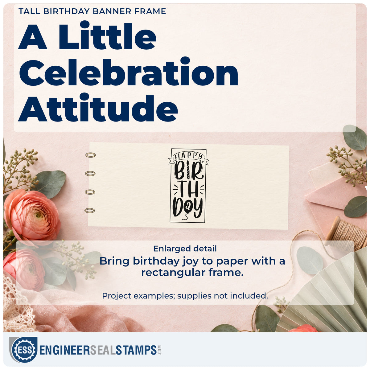 Enlarged detail of the Happy Birthday Upright Banner Framed Lettering Wood Handle Stamp imprint. HAPPY appears on a small ribbon above stacked BIR TH DAY lettering inside a tall rectangular frame.