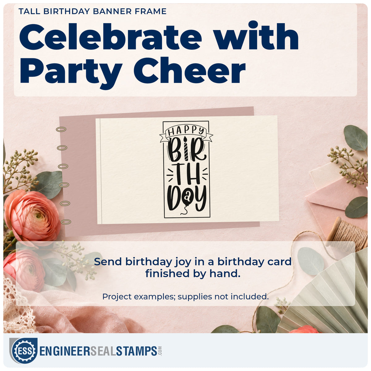 A finished handmade project stamped with the Duo Hand Happy Birthday Upright Banner Framed Lettering Rubber Stamp, ideal for cruise album page.