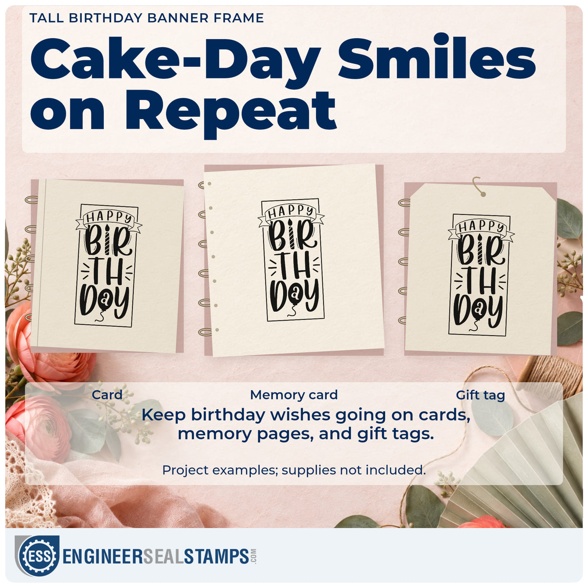 Three project examples made with the Happy Birthday Upright Banner Framed Lettering Stamp – PSI Pre-Inked, including day plan sheet.