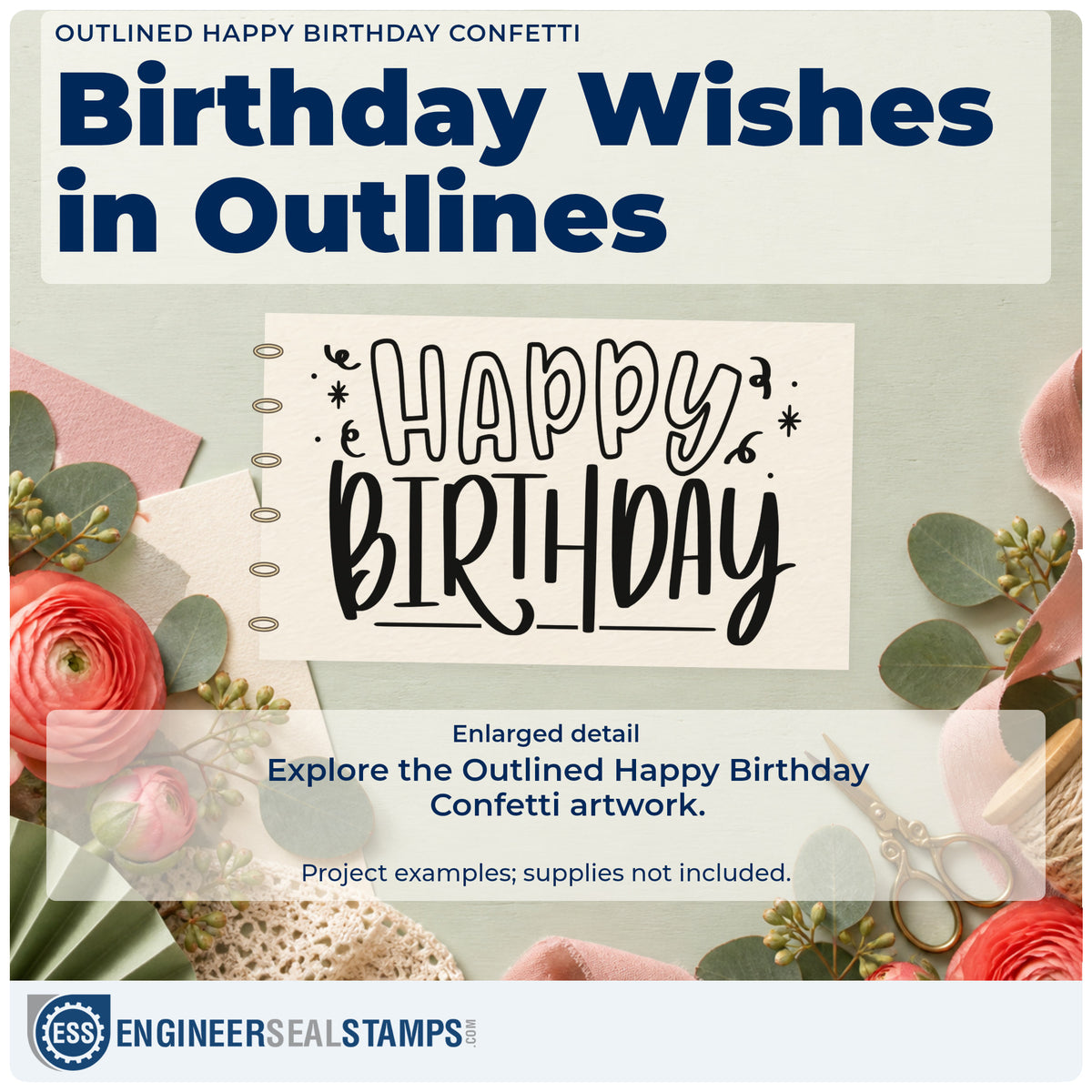 Enlarged detail of the Outlined Happy Birthday Confetti With Stars Pre-Inked Stamp – PSI imprint. Outlined HAPPY sits above tall hand-lettered BIRTHDAY with tiny stars and curled accents.