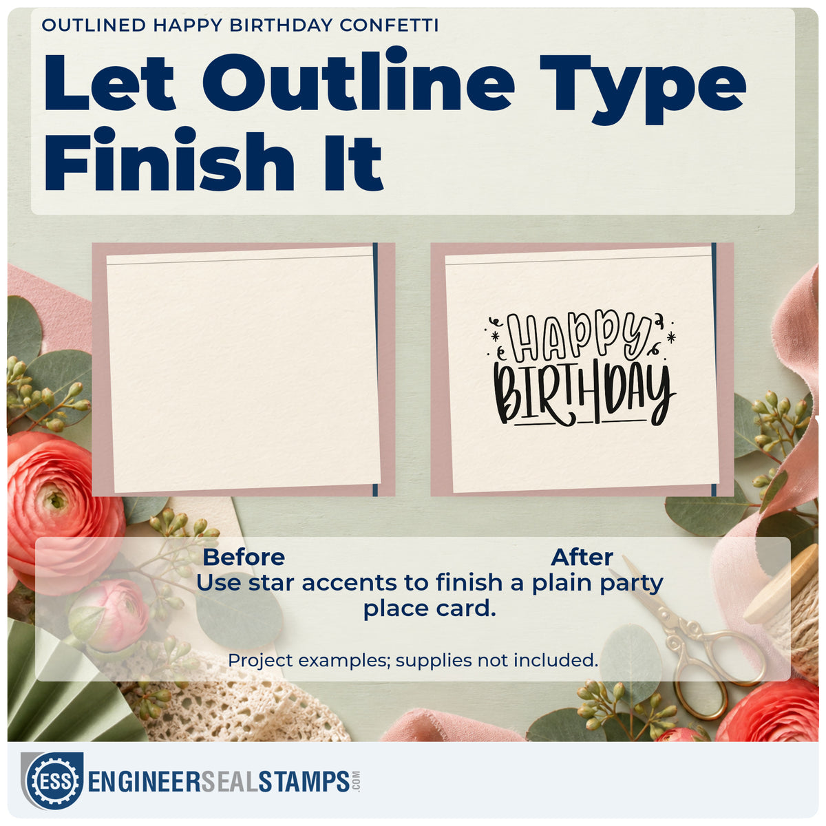 Before and after of a plain item finished with the Outlined Happy Birthday Confetti With Stars Slim Pre-Inked Stamp, a quick upgrade for framed work desk.