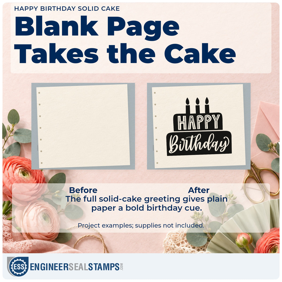 Before and after of a plain item finished with the Happy Birthday Tiered Cake Candles Stamp – Premium Vintage Pro Wooden, a quick upgrade for framed serving hatch.