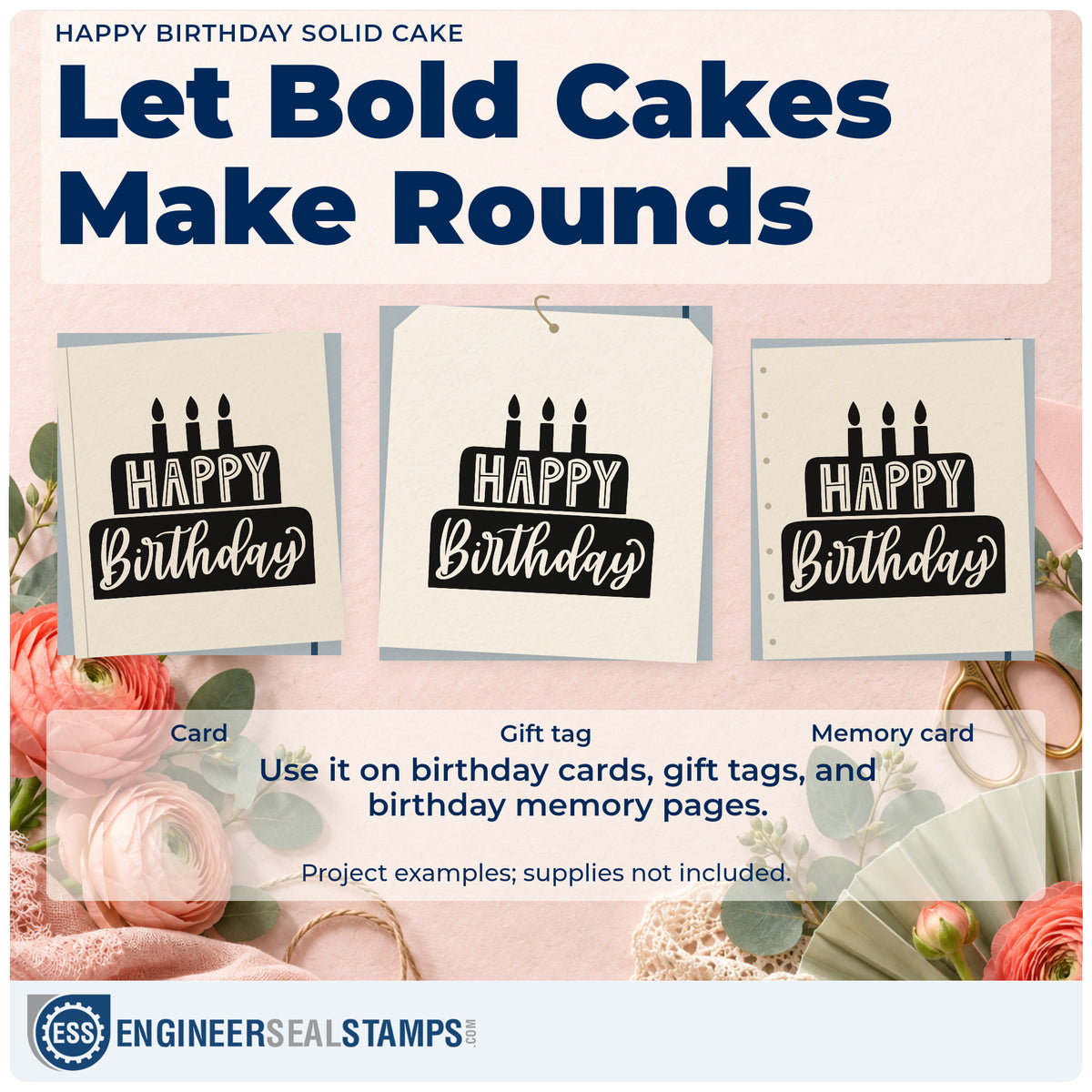 Three project examples made with the Happy Birthday Tiered Cake Candles PSI Pre-Inked Stamp, including event book sheet.
