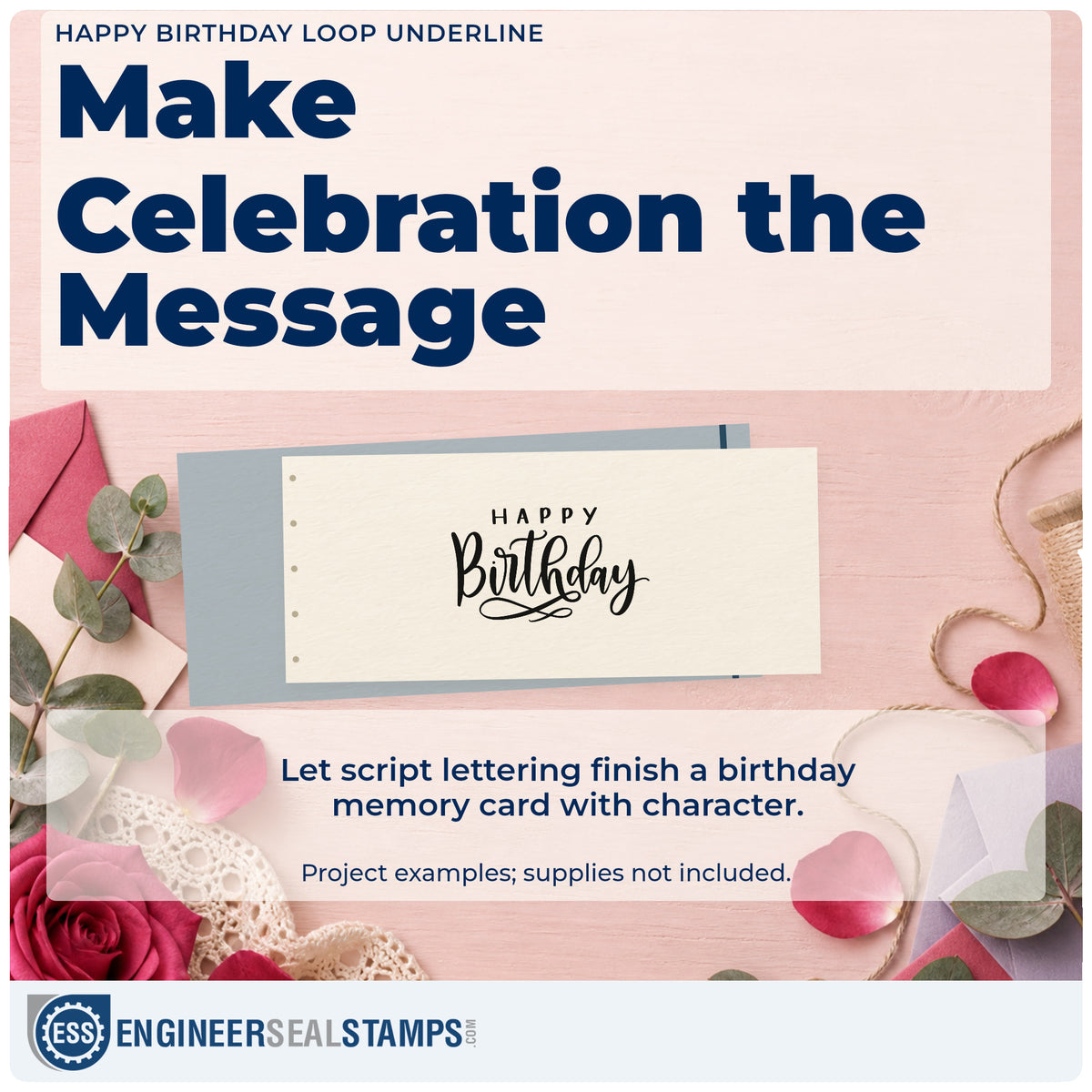 A finished handmade project stamped with the Slim Pre-Inked Happy Birthday Loop Underline Script Lettering Stamp, ideal for class gift album page.